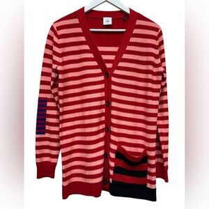 Cabi Women’s S Red Pink Stripe Sweater Boyfriend Cardigan Colorful Artsy Patches